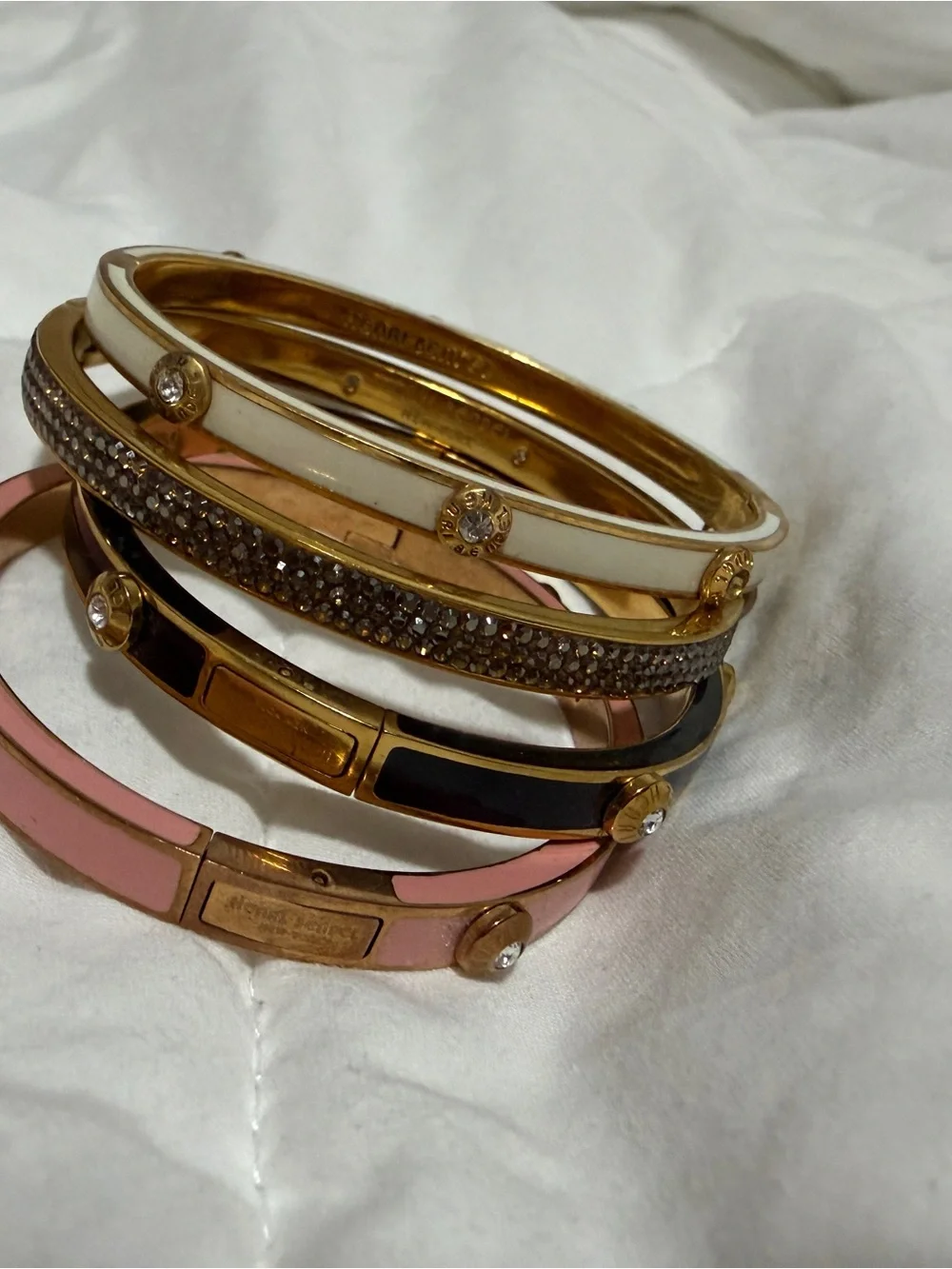 henri bendel Gold-Tone Stackable Bangle Set with Pink, White and Black Enamel